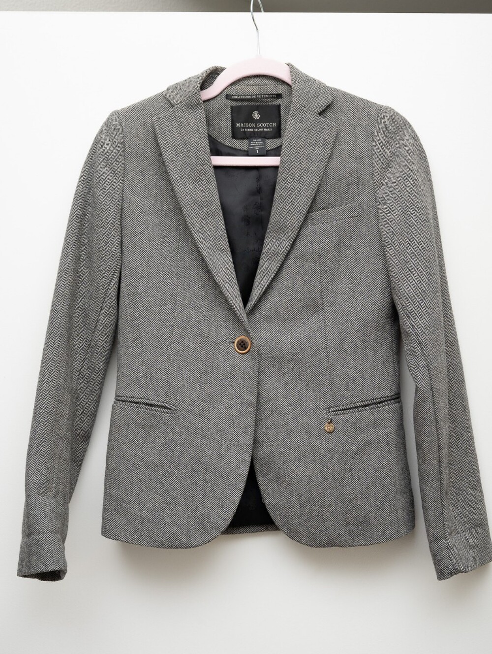 Maison Scotch Gray Herringbone Tweed Blazer Elbow Patches Size 1 Small